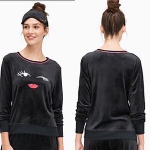 Kate Spade Long Sleeve Black Velour PJ Wink Wink Top. Size L.  P/6/A768
